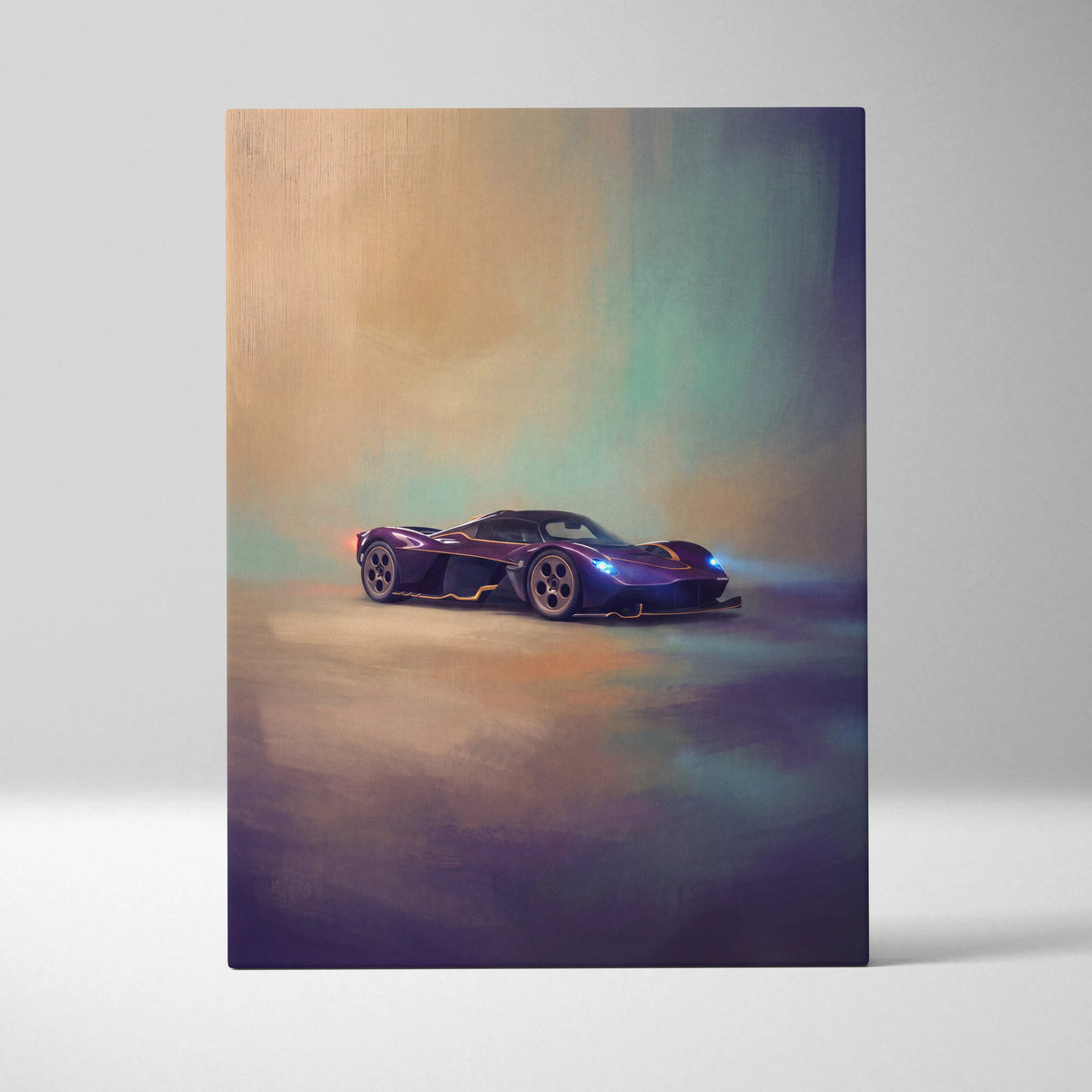 Aston Martin Valkyrie inspired supercar canvas art featuring a sleek purple car with glowing blue headlights and gold wheel accents