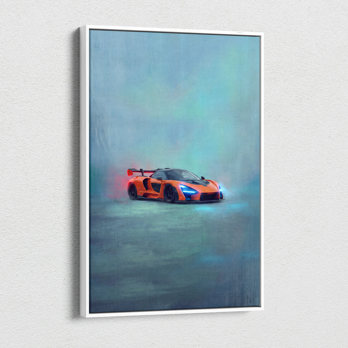 McLaren Senna inspired canvas art featuring a vibrant orange sports car with glowing blue headlights and red spoiler accents