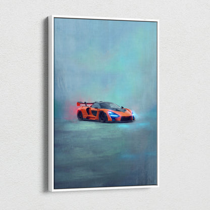 McLaren Senna inspired canvas art featuring a vibrant orange sports car with glowing blue headlights and red spoiler accents