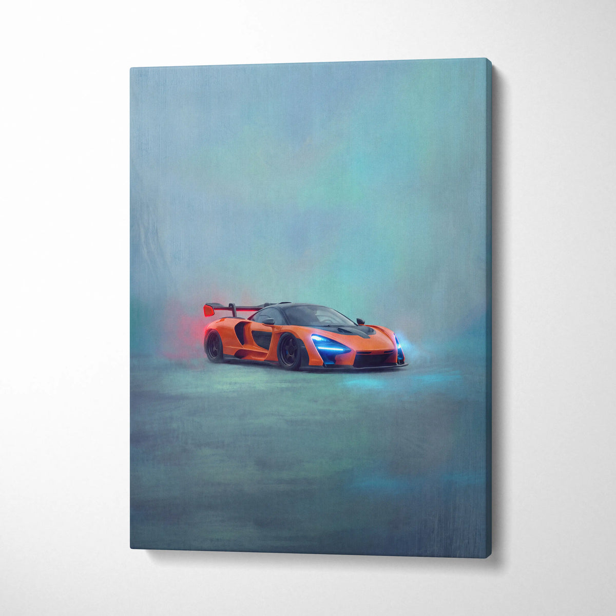 Vibrant orange mclaren senna inspired canvas art featuring a stylized supercar painting for premium wall decor