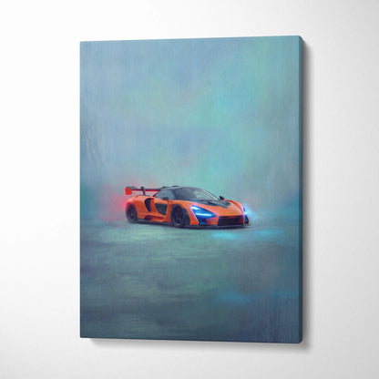 Vibrant orange mclaren senna inspired canvas art featuring a stylized supercar painting for premium wall decor