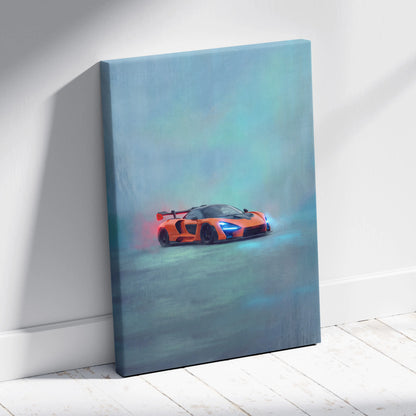 Vibrant orange mclaren sports car canvas art with glowing blue and red accents on misty teal background wall decor
