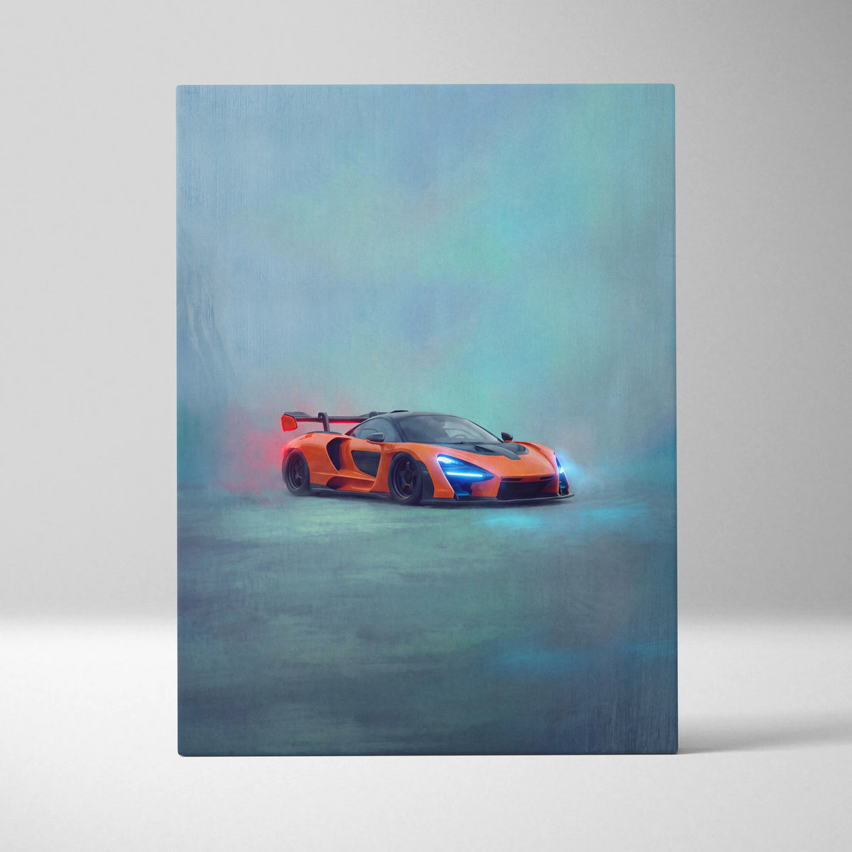 Vibrant orange mclaren senna sports car with glowing blue headlights on premium canvas automotive wall decor