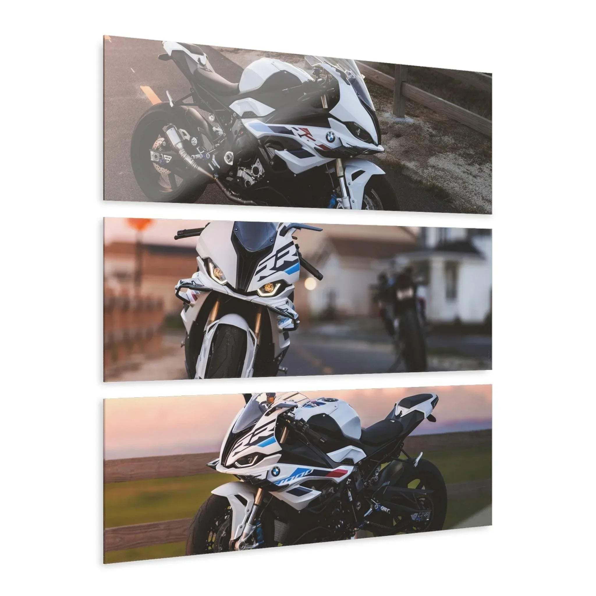 Three-piece BMW S1000RR motorcycle canvas art set with horizontal wall art panels in dynamic riding scenes.