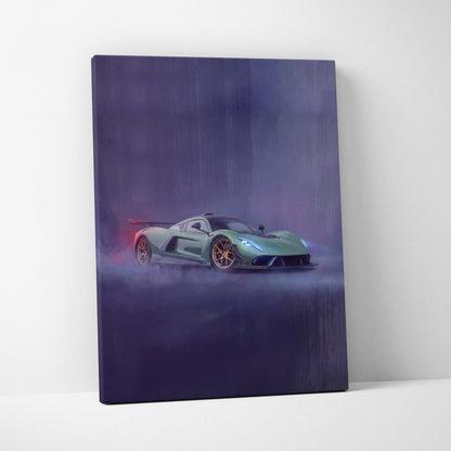 A sleek matte green hennessey venom f5 inspired sports car with gold rims on a dark purple luxury supercar canvas print