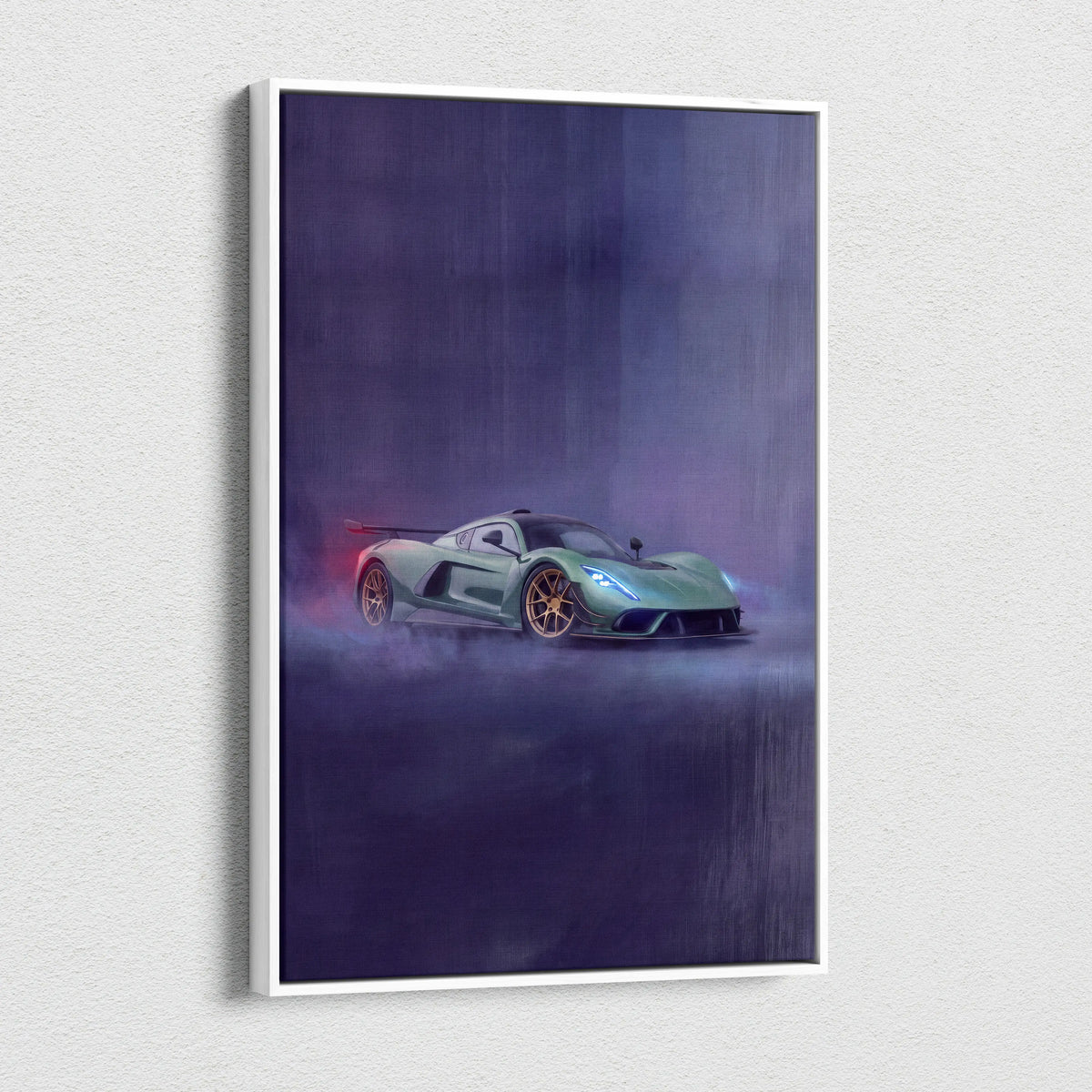 Mint-green hennessey venom f5 inspired hypercar with gold rims and blue headlights on purple mist canvas print