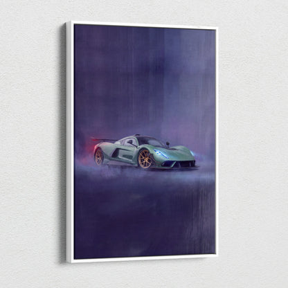 Mint-green hennessey venom f5 inspired hypercar with gold rims and blue headlights on purple mist canvas print