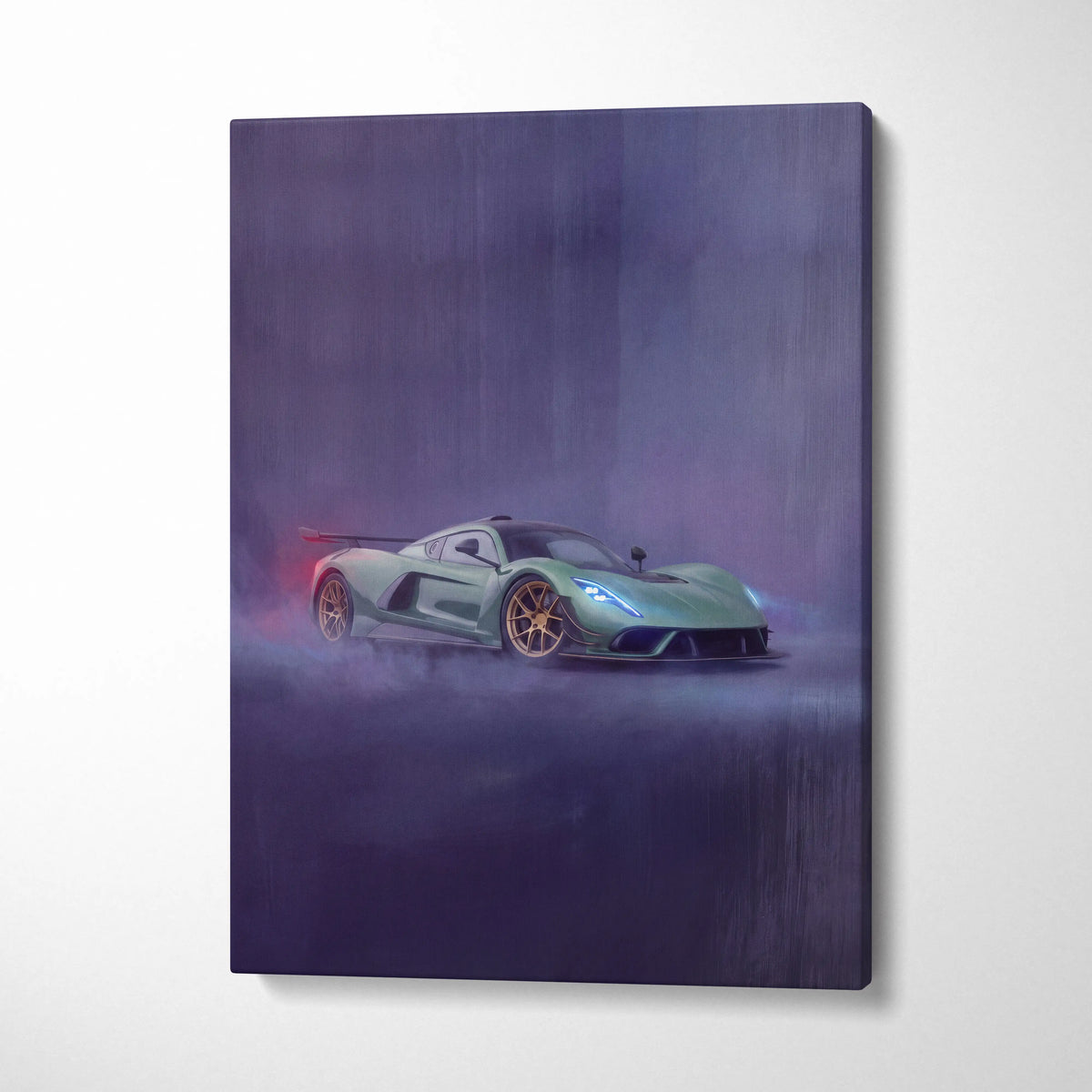 Hennessey Venom F5 inspired luxury supercar canvas print featuring a sleek mint-green hypercar in a misty scene