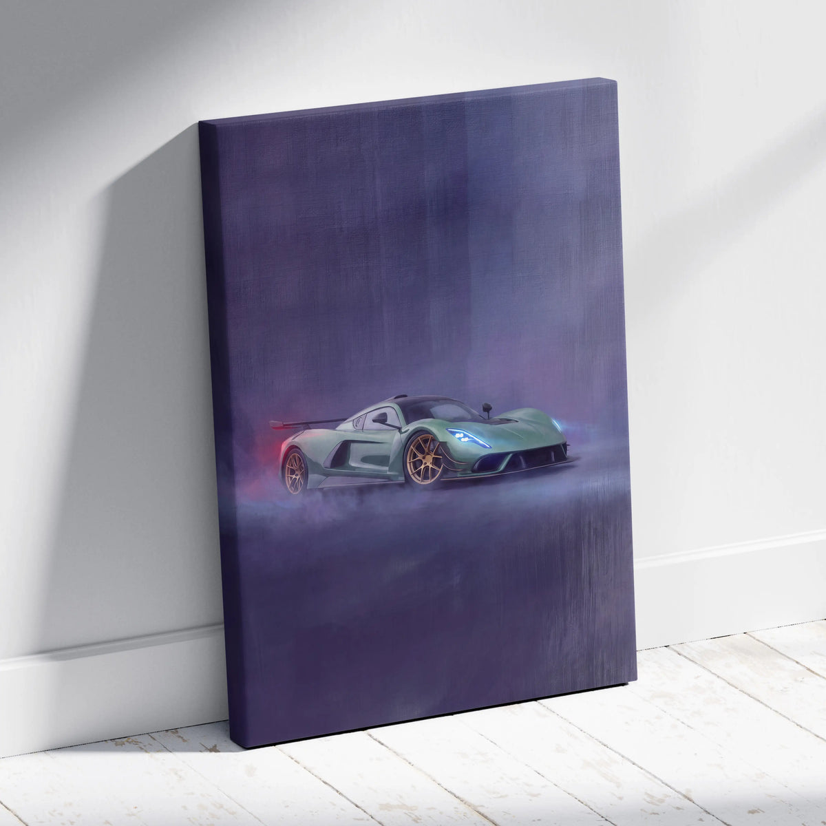 Hennessey venom f5 inspired automotive wall art featuring a sleek mint green hypercar with gold rims on dark purple canvas