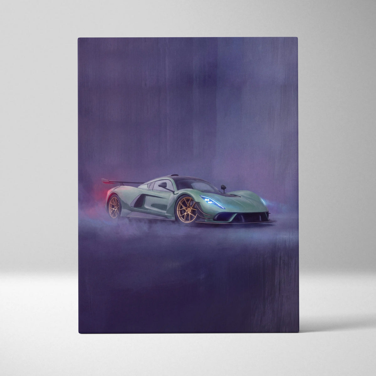 Hennessey venom f5 inspired automotive wall art featuring a matte sage green hypercar with gold wheels and blue headlights