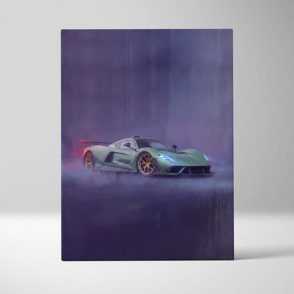 Hennessey venom f5 inspired automotive wall art featuring a matte sage green hypercar with gold wheels and blue headlights