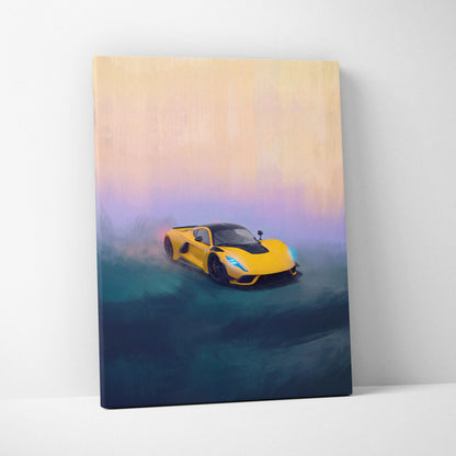 Vibrant yellow hennessey venom f5 inspired supercar canvas art with black accents and glowing blue headlights