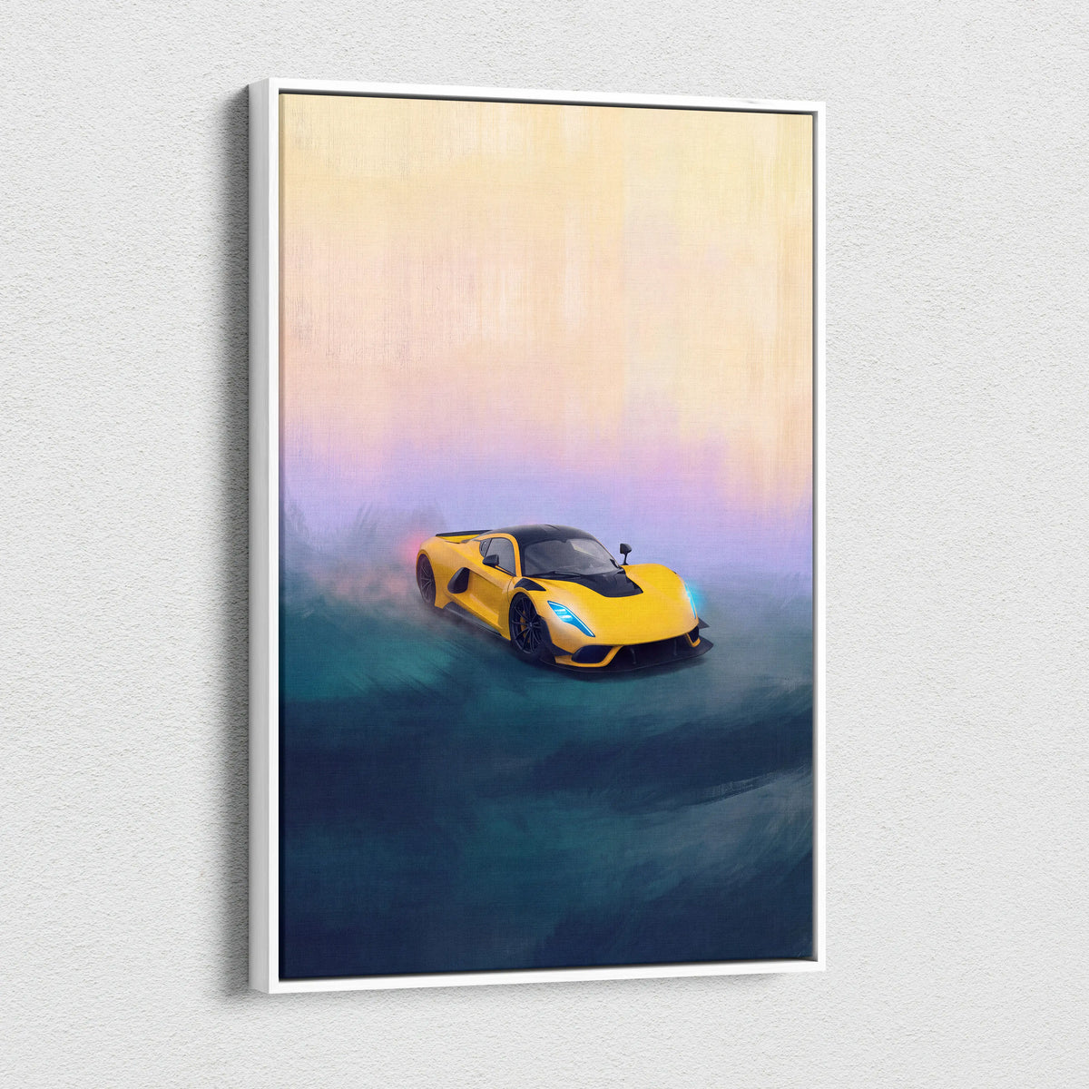 Yellow and black hennessey venom f5 inspired sports car illustration in a white frame custom car wall art print
