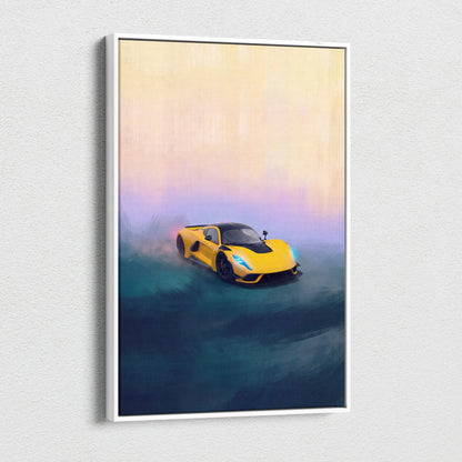 Yellow and black hennessey venom f5 inspired sports car illustration in a white frame custom car wall art print
