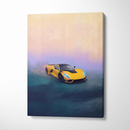 Hennessey Venom F5 inspired yellow sports car canvas art with black accents and glowing blue headlights wall print