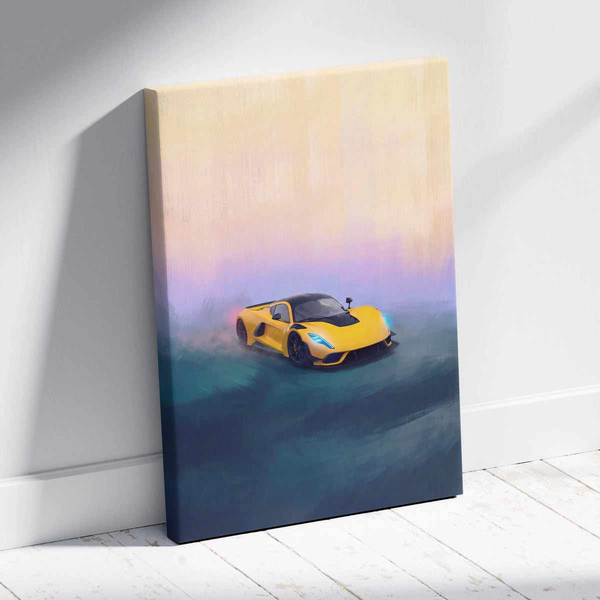 Yellow sports car canvas print with sleek futuristic design glowing blue headlights and black accents wall art