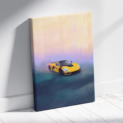 Yellow sports car canvas print with sleek futuristic design glowing blue headlights and black accents wall art