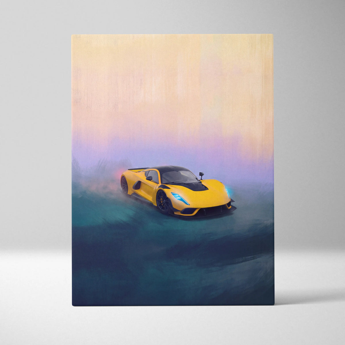 Vibrant yellow hennessey venom f5 inspired supercar canvas art with black accents and glowing blue headlights