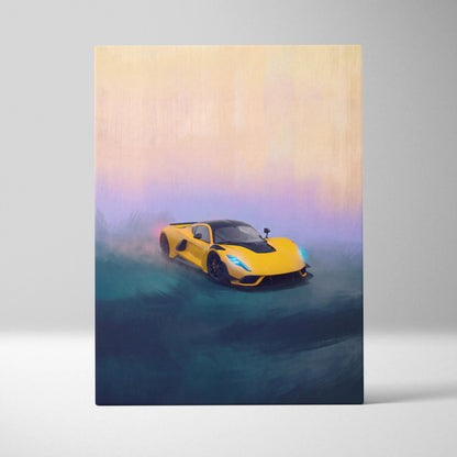 Vibrant yellow hennessey venom f5 inspired supercar canvas art with black accents and glowing blue headlights