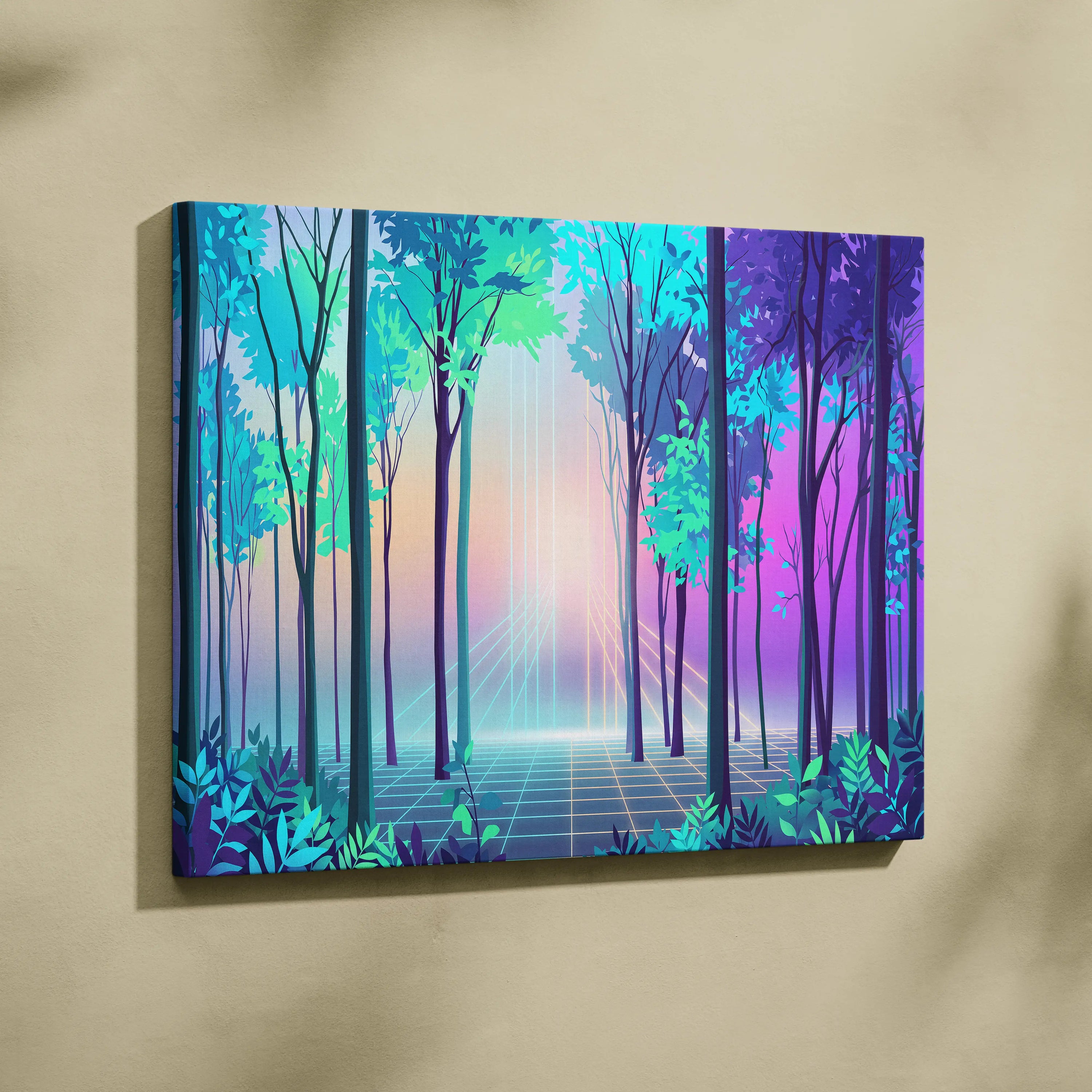 Neon Forest Vaporwave Canvas - Neon Forest Vaporwave Landscape Teal Pink Living Room Dreamy Modern Wall Art Synthwave