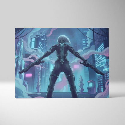 Vaporfantasy Neon City Warrior - Cyberpunk Neon Blues Living Room Vaporwave Dreamy Neon Mood, Cyberpunk Art, Canvas