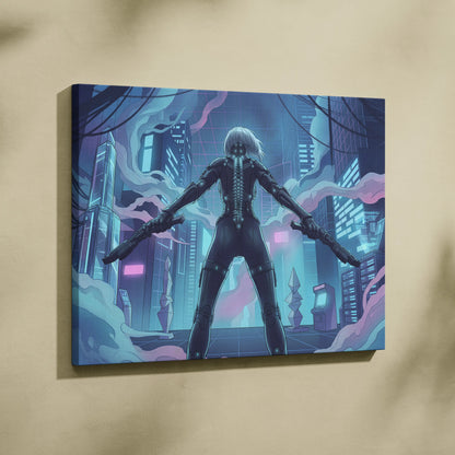 Vaporfantasy Neon City Warrior - Cyberpunk Neon Blues Living Room Vaporwave Dreamy Neon Mood, Cyberpunk Art, Canvas
