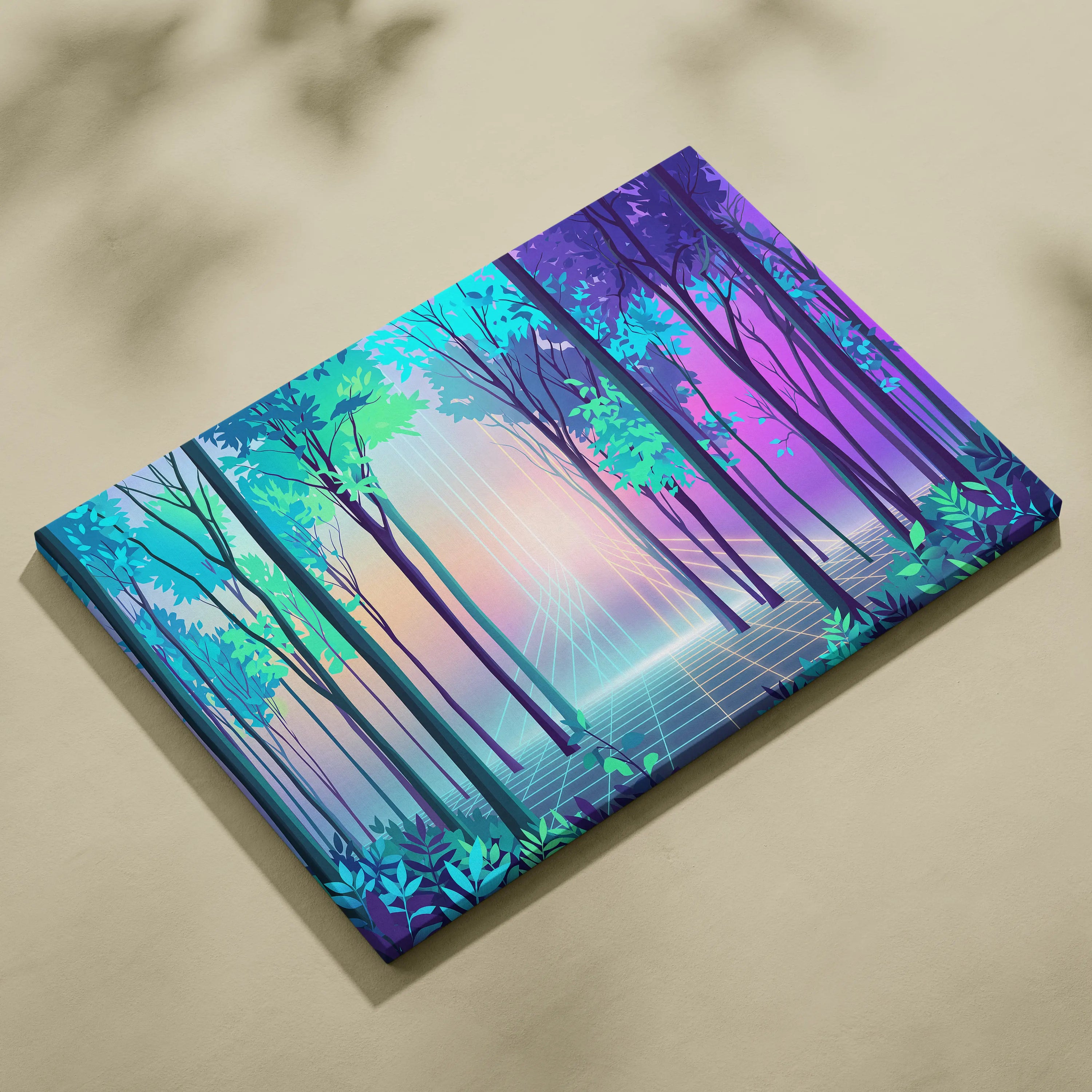 Neon Forest Vaporwave Canvas - Neon Forest Vaporwave Landscape Teal Pink Living Room Dreamy Modern Wall Art Synthwave