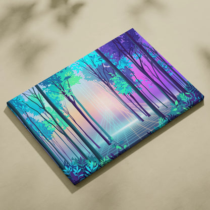 Neon Forest Vaporwave Canvas - Neon Forest Vaporwave Landscape Teal Pink Living Room Dreamy Modern Wall Art Synthwave