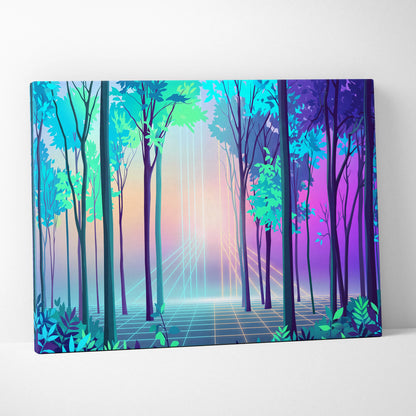 Neon Forest Vaporwave Canvas - Neon Forest Vaporwave Landscape Teal Pink Living Room Dreamy Modern Wall Art Synthwave
