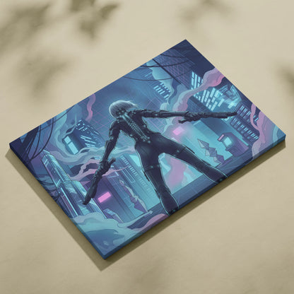 Vaporfantasy Neon City Warrior - Cyberpunk Neon Blues Living Room Vaporwave Dreamy Neon Mood, Cyberpunk Art, Canvas