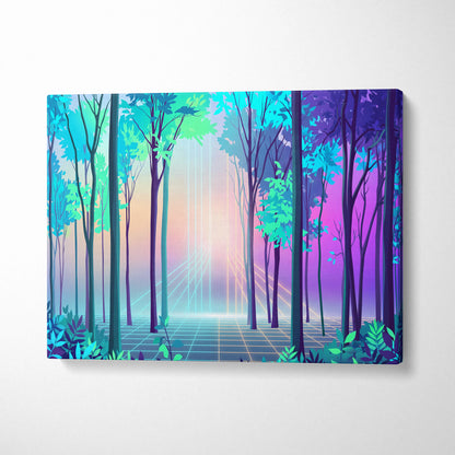 Neon Forest Vaporwave Canvas - Neon Forest Vaporwave Landscape Teal Pink Living Room Dreamy Modern Wall Art Synthwave