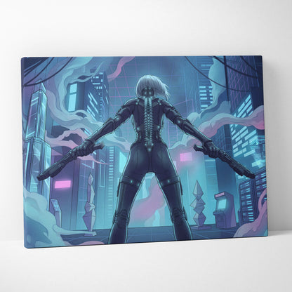 Vaporfantasy Neon City Warrior - Cyberpunk Neon Blues Living Room Vaporwave Dreamy Neon Mood, Cyberpunk Art, Canvas