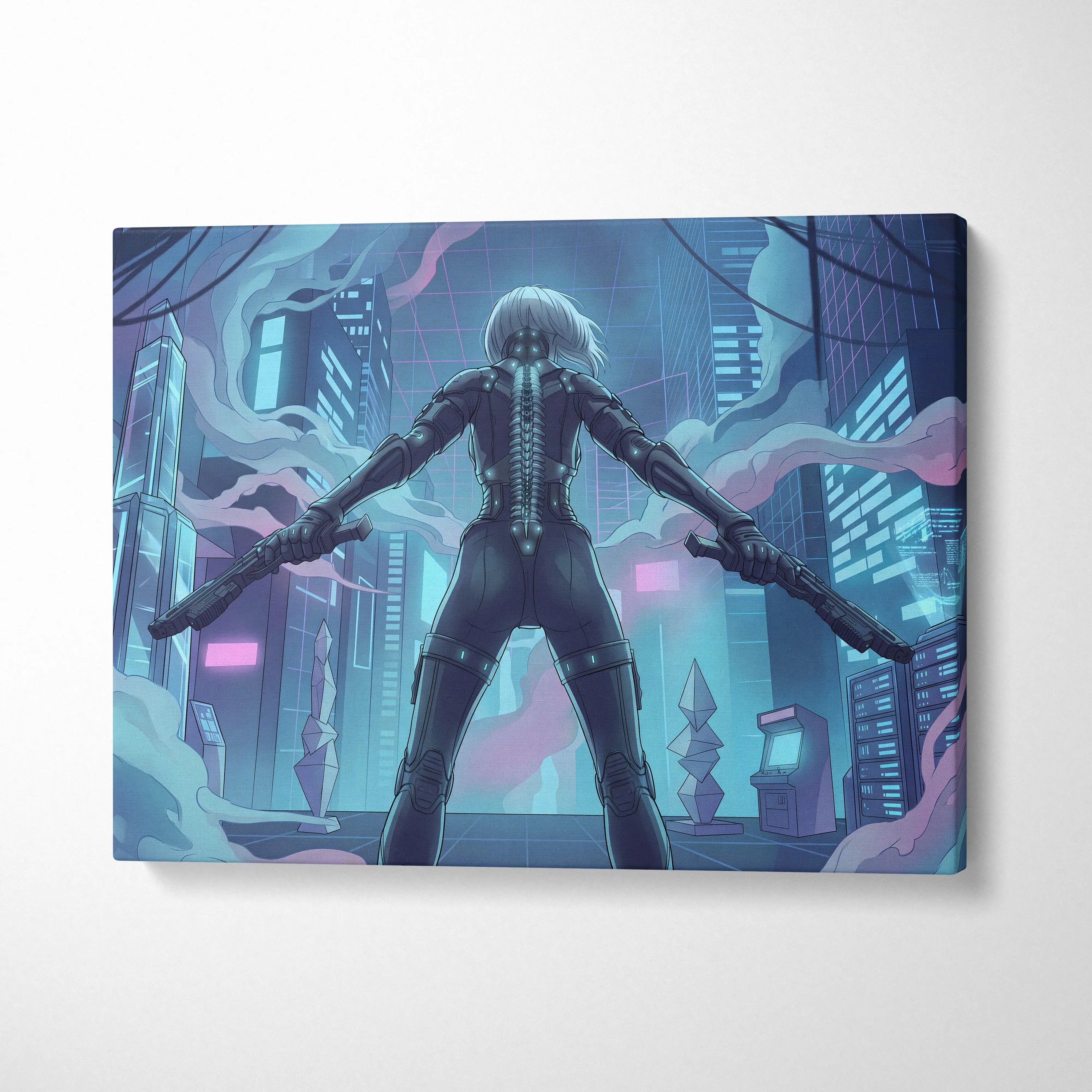 Vaporfantasy Neon City Warrior - Cyberpunk Neon Blues Living Room Vaporwave Dreamy Neon Mood, Cyberpunk Art, Canvas