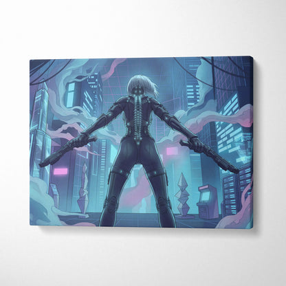 Vaporfantasy Neon City Warrior - Cyberpunk Neon Blues Living Room Vaporwave Dreamy Neon Mood, Cyberpunk Art, Canvas