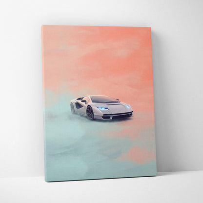 Sleek silver lamborghini countach lpi 800-4 inspired luxury supercar canvas print with futuristic car and gradient sky background