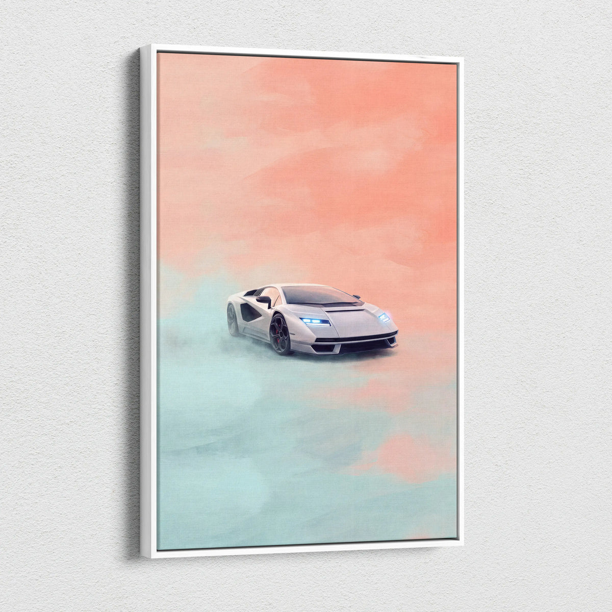 A sleek silver Lamborghini Countach LPI 800-4 sports car on luxury canvas with peach and teal gradient background