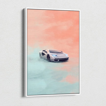 A sleek silver Lamborghini Countach LPI 800-4 sports car on luxury canvas with peach and teal gradient background
