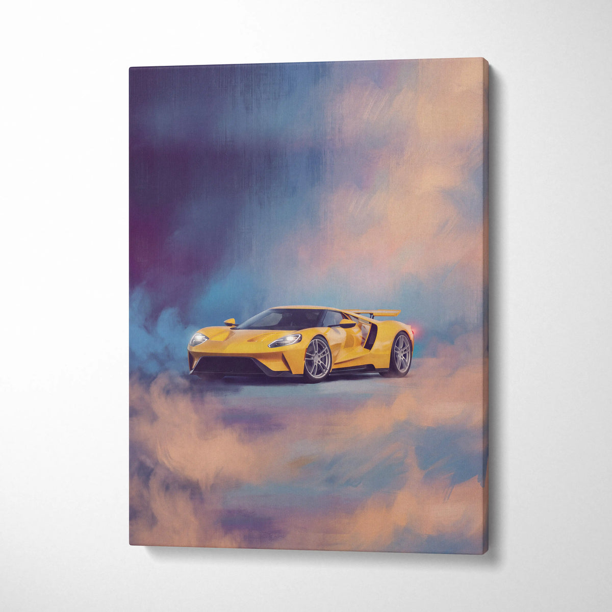 Vibrant yellow Ford GT sports car on a dynamic cloud-filled canvas wall art for bedroom performance decor