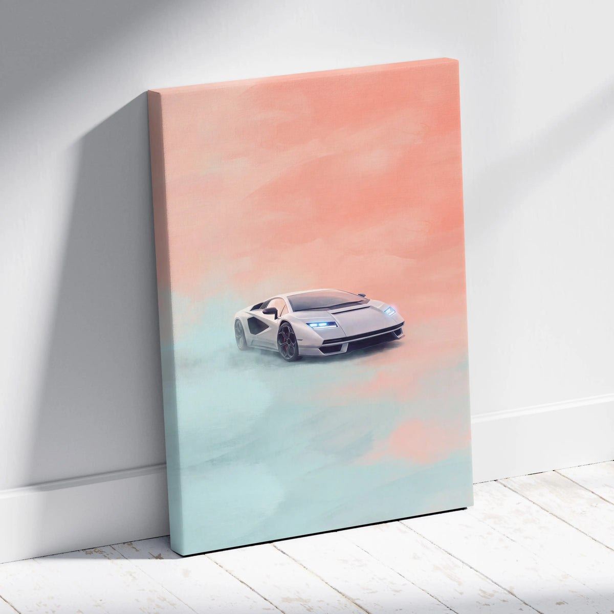 A sleek silver Lamborghini Countach LPI 800-4 canvas print featuring a futuristic sports car against a peach and mint sky