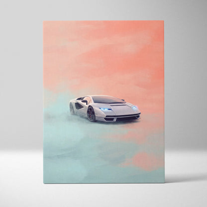Silver Lamborghini Countach LPI 800-4 inspired sports car canvas print with sleek angular design and glowing blue headlights