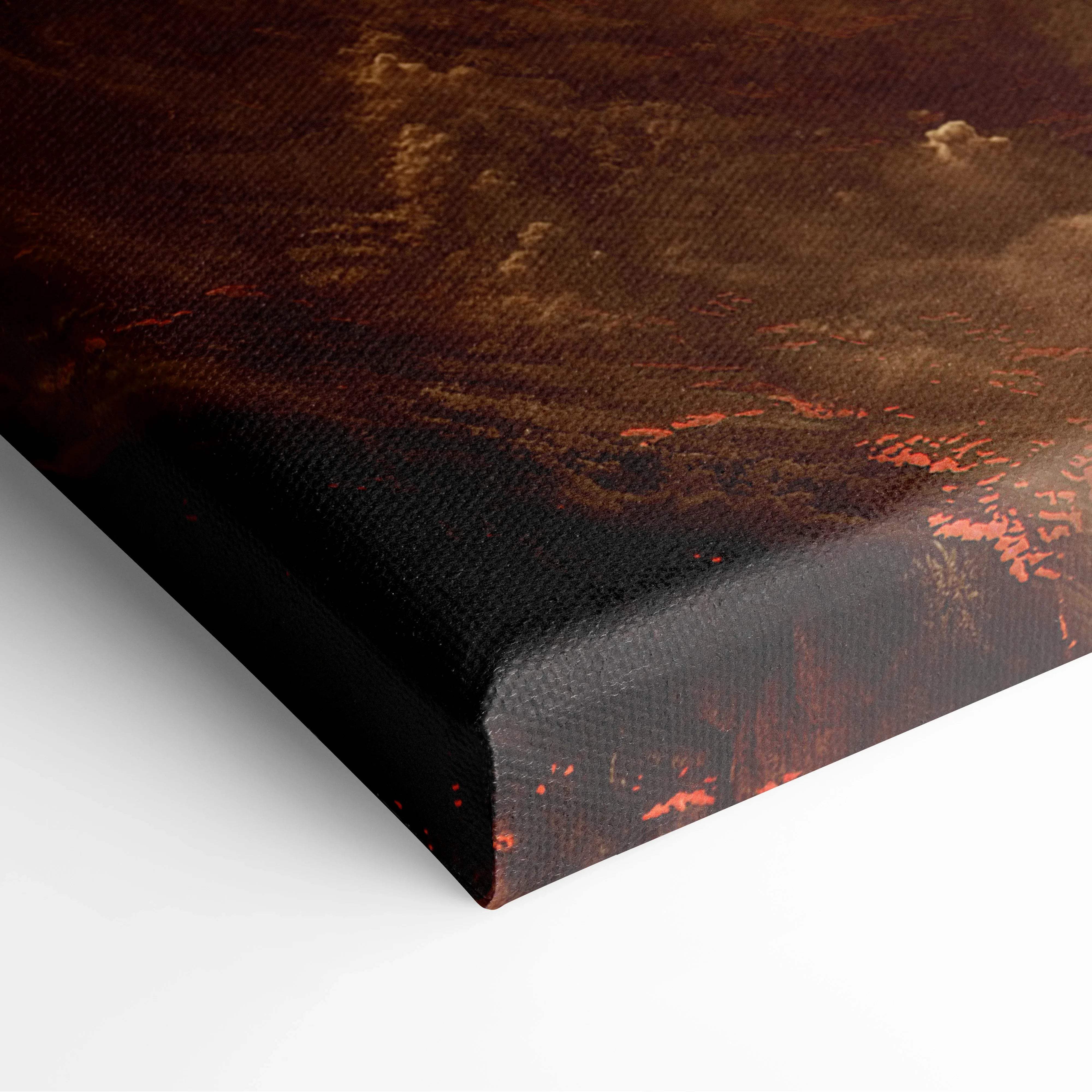 Epic sci-fi space canvas art with fiery red planets, glowing rings, deep browns, orange-red accents