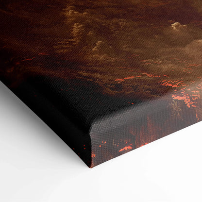 Epic sci-fi space canvas art with fiery red planets, glowing rings, deep browns, orange-red accents
