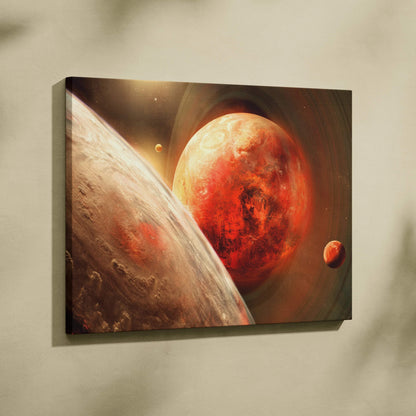Epic sci-fi space scene canvas print with fiery red planets and glowing rings