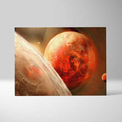 Epic sci-fi canvas print of fiery red alien planet with glowing rings and stars