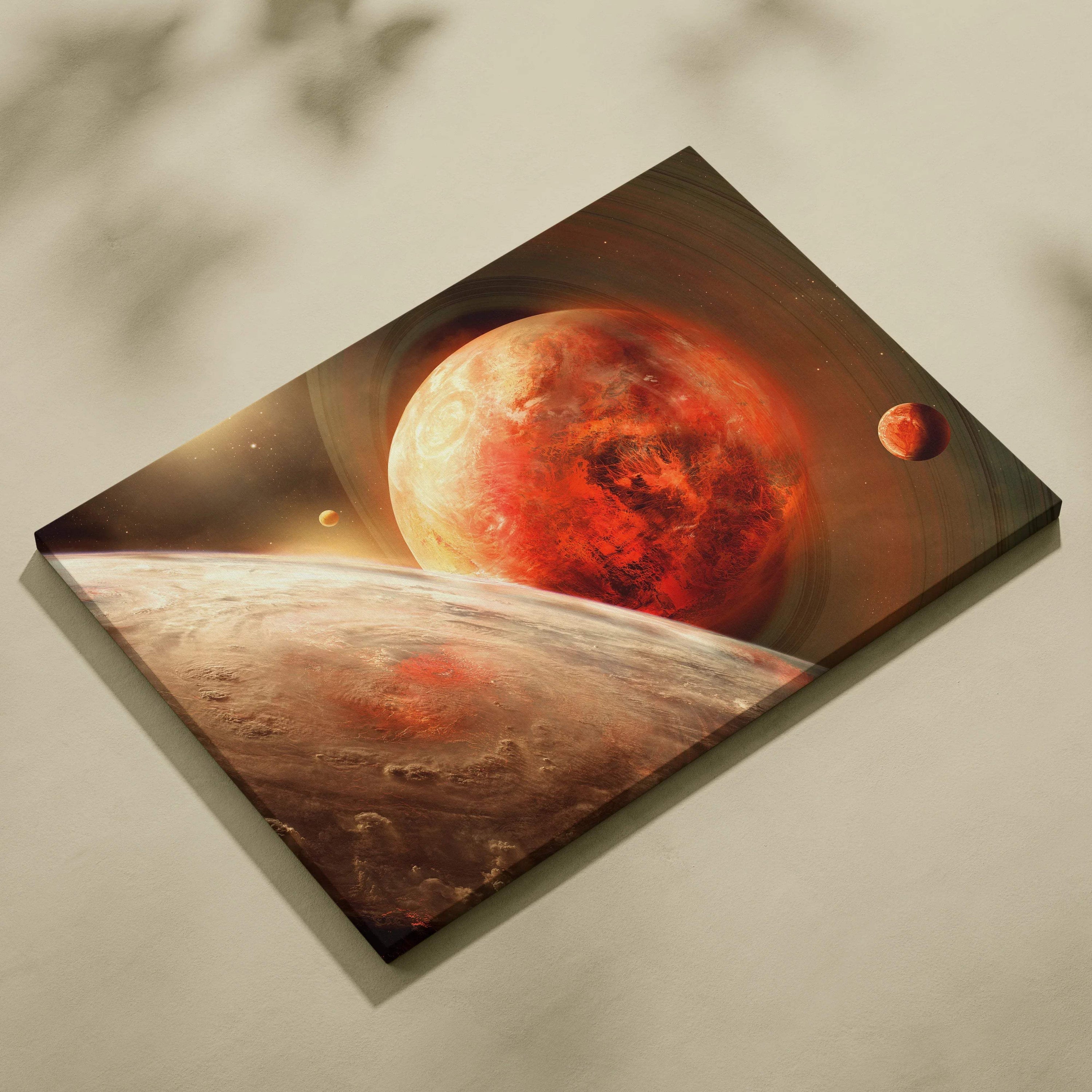 Epic sci-fi space canvas art with fiery red planet and glowing rings