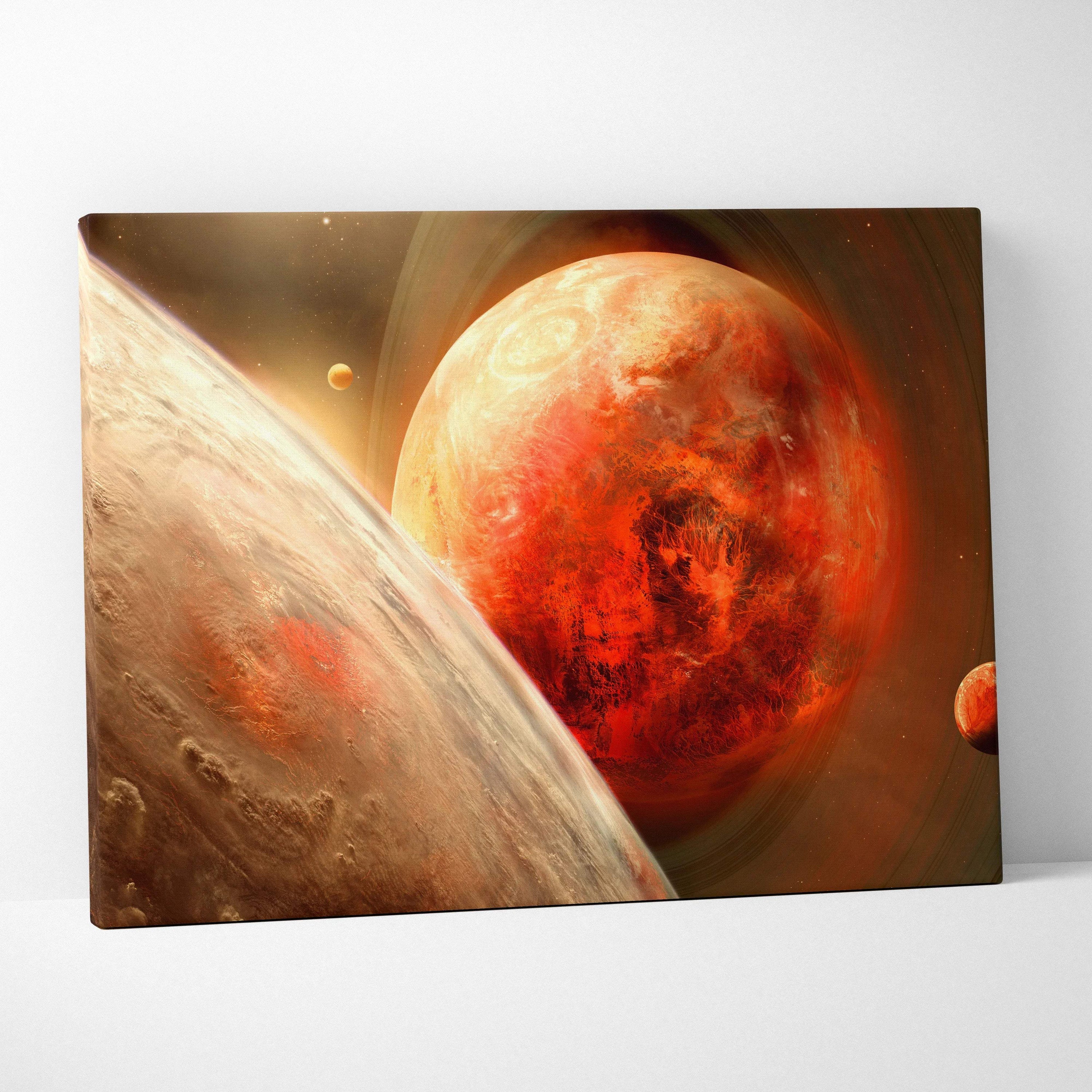 Epic sci-fi canvas wall art with fiery red planet, glowing rings, swirling cosmos