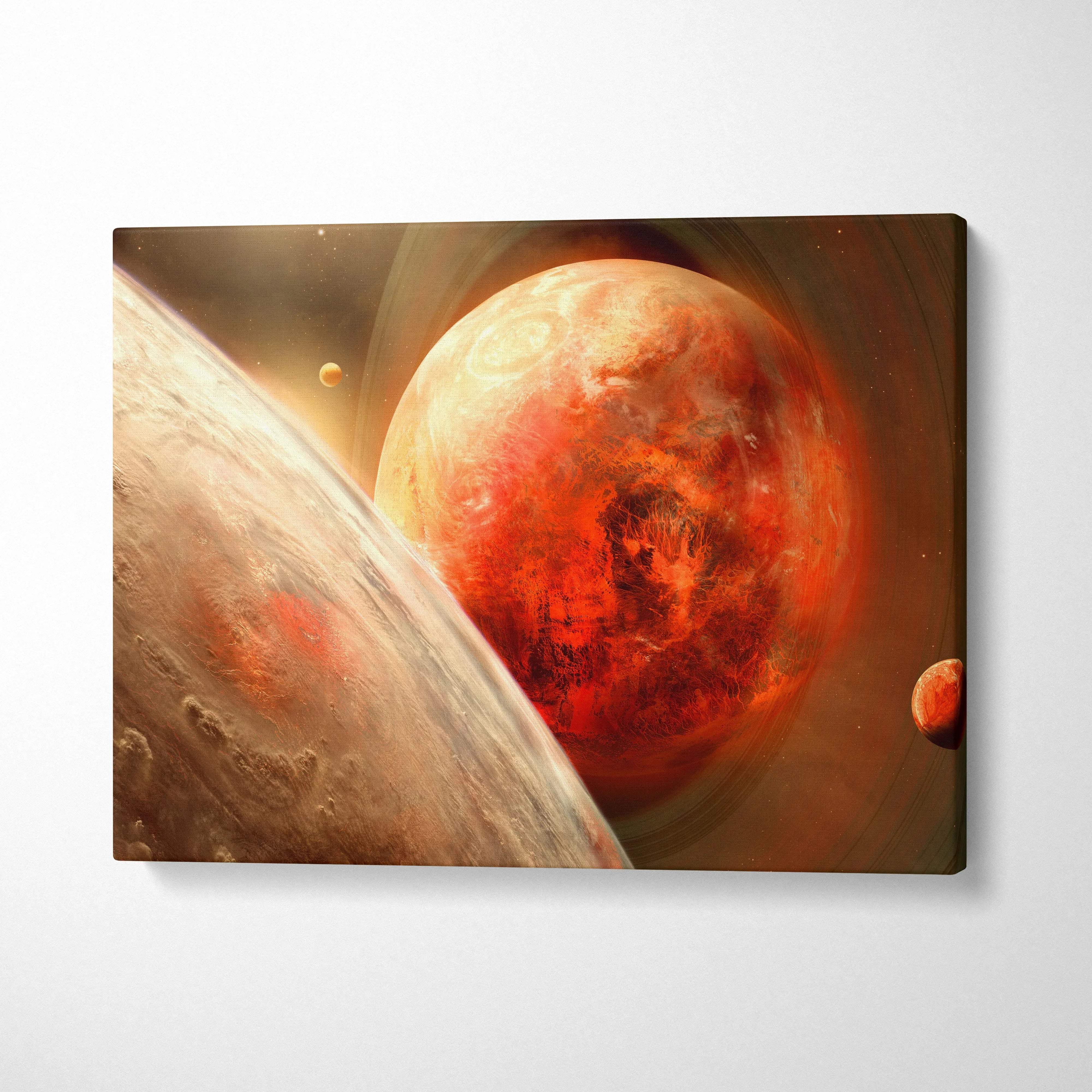 Epic sci-fi canvas art of fiery red planet with glowing rings and stars