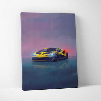 Vibrant yellow and black lamborghini fenomeno inspired canvas art featuring a futuristic car under neon twilight skies