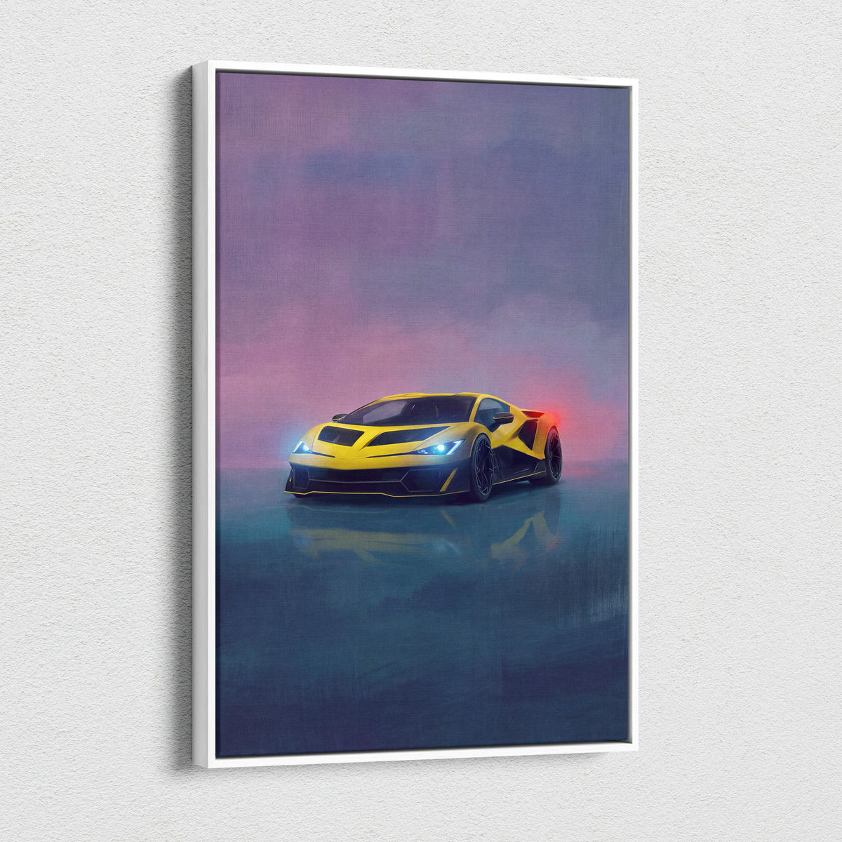 Yellow and black lamborghini fenomeno inspired canvas art in a white frame premium automotive wall decor