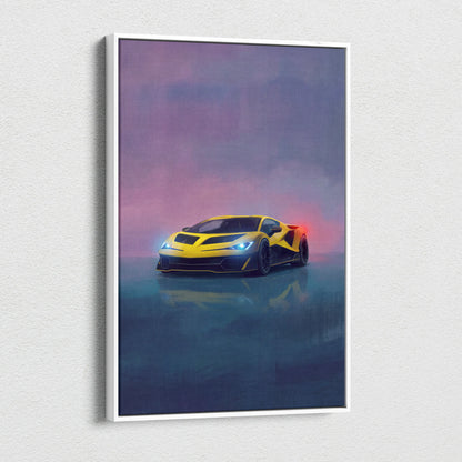 Yellow and black lamborghini fenomeno inspired canvas art in a white frame premium automotive wall decor